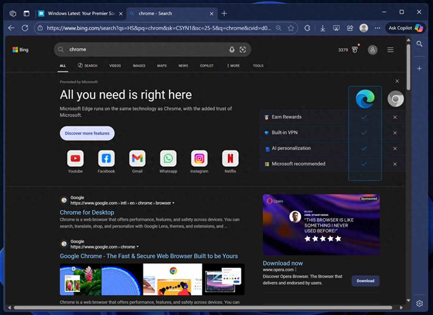 微软力荐Edge浏览器功能优势_比谷歌好用的浏览器_Windows 11 Bing搜索 Chrome 对比 Edge 浮动计分板